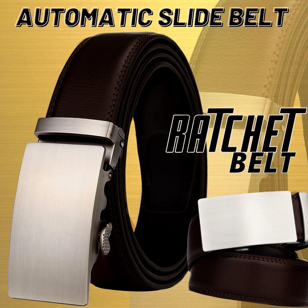 Microfiber Leather Mens Ratchet Belt, Adjustable Automatic Buckle, Dark Brown