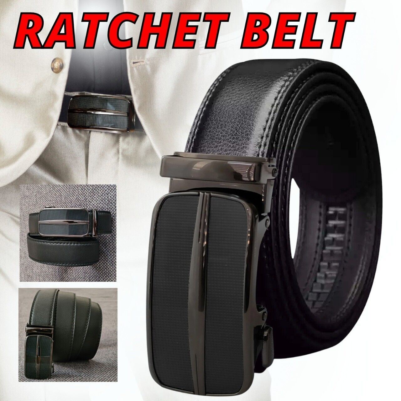 Microfiber Leather Mens Ratchet Belt, Adjustable Size, Slide Buckle