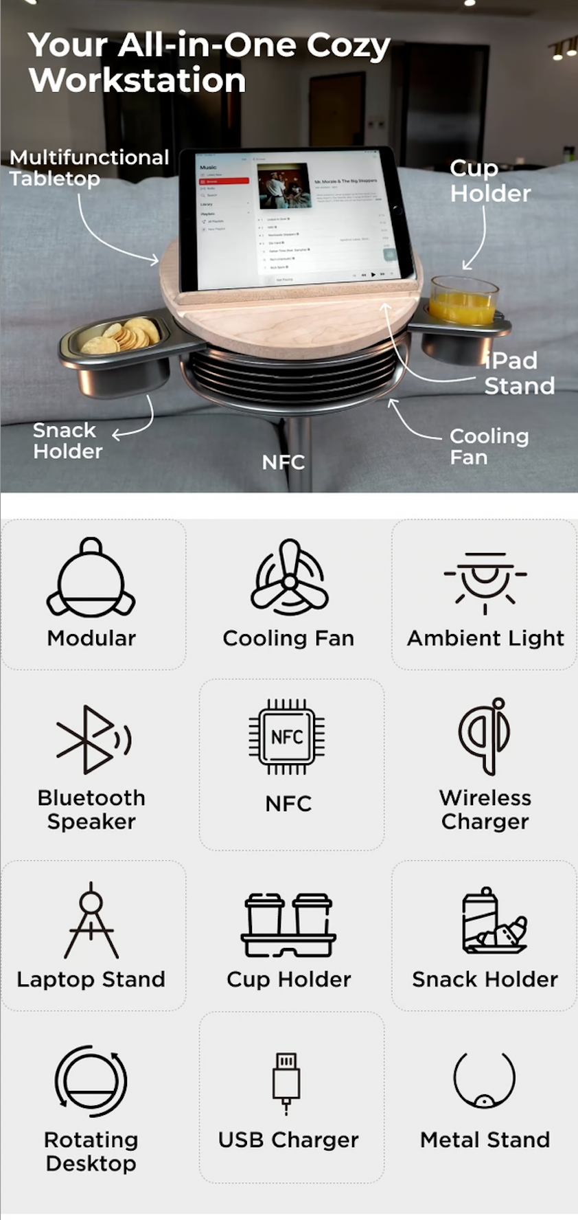 Modular Coffee Table with Built-in Fan, Wireless Charging, Speakers, and More