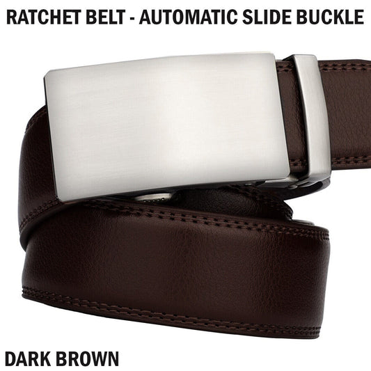 Microfiber Leather Mens Ratchet Belt, Adjustable Automatic Buckle, Dark Brown