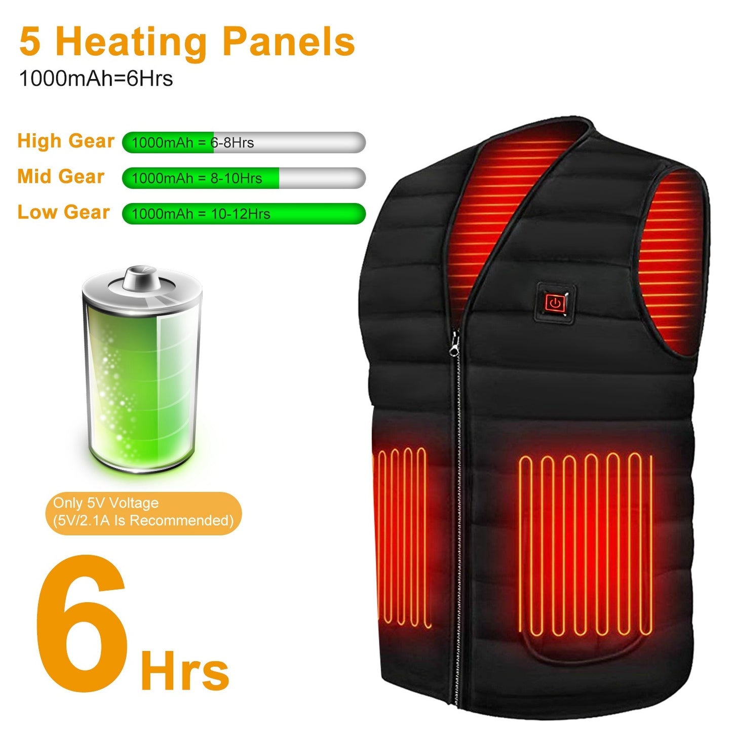 USB Heated Vest - 5 Heating Pads & Adjustable Temperature for Men and Women