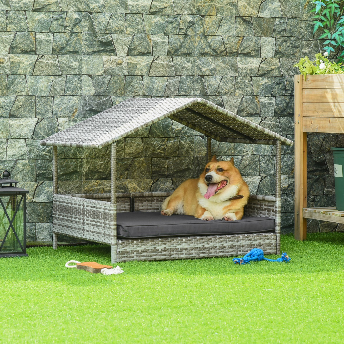 Wicker Dog House with Canopy, Stylish Rattan Bed & Water-Resistant Cushion