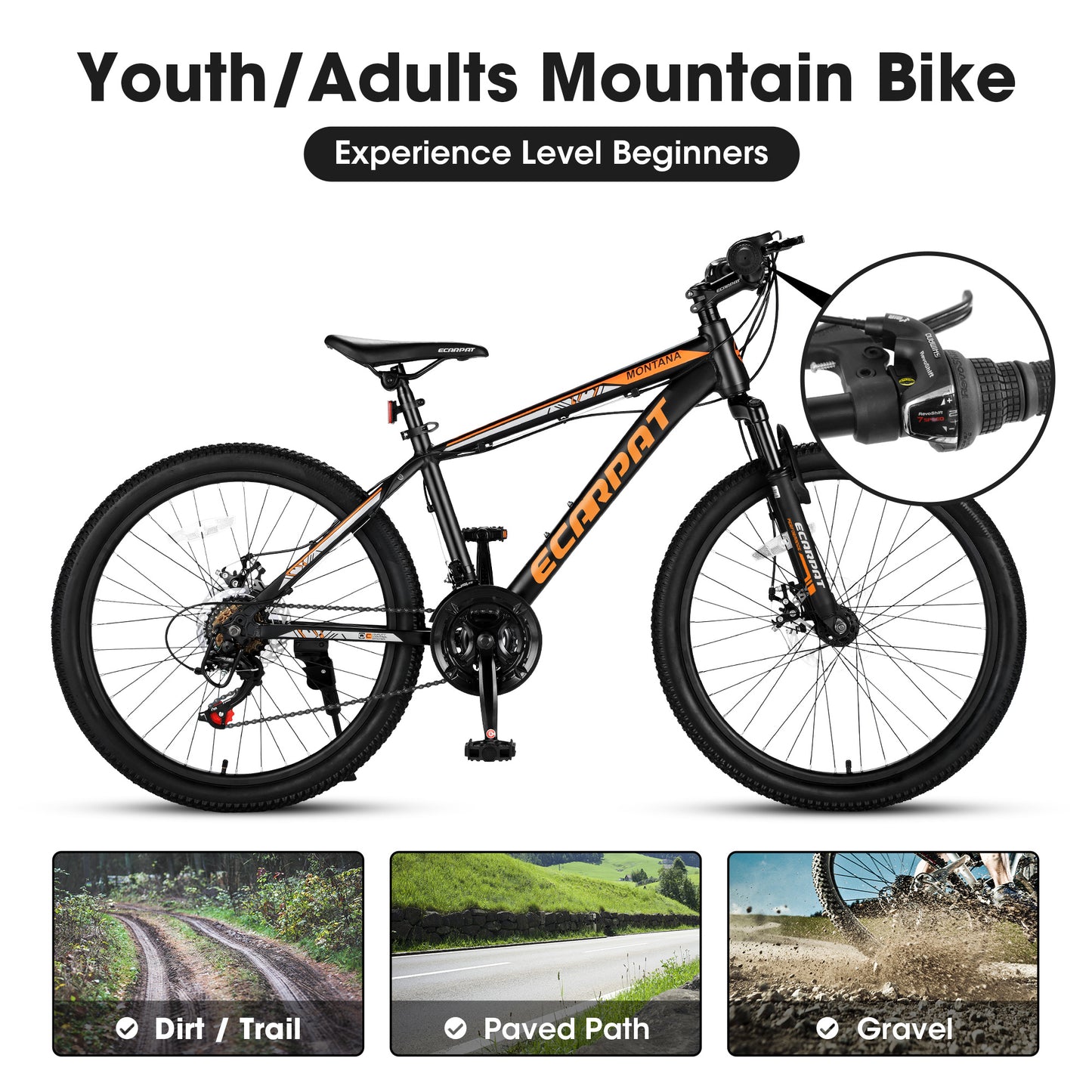 24" Mountain Bike, Lightweight Aluminum Frame, 21-Speed Shimano Drivetrain