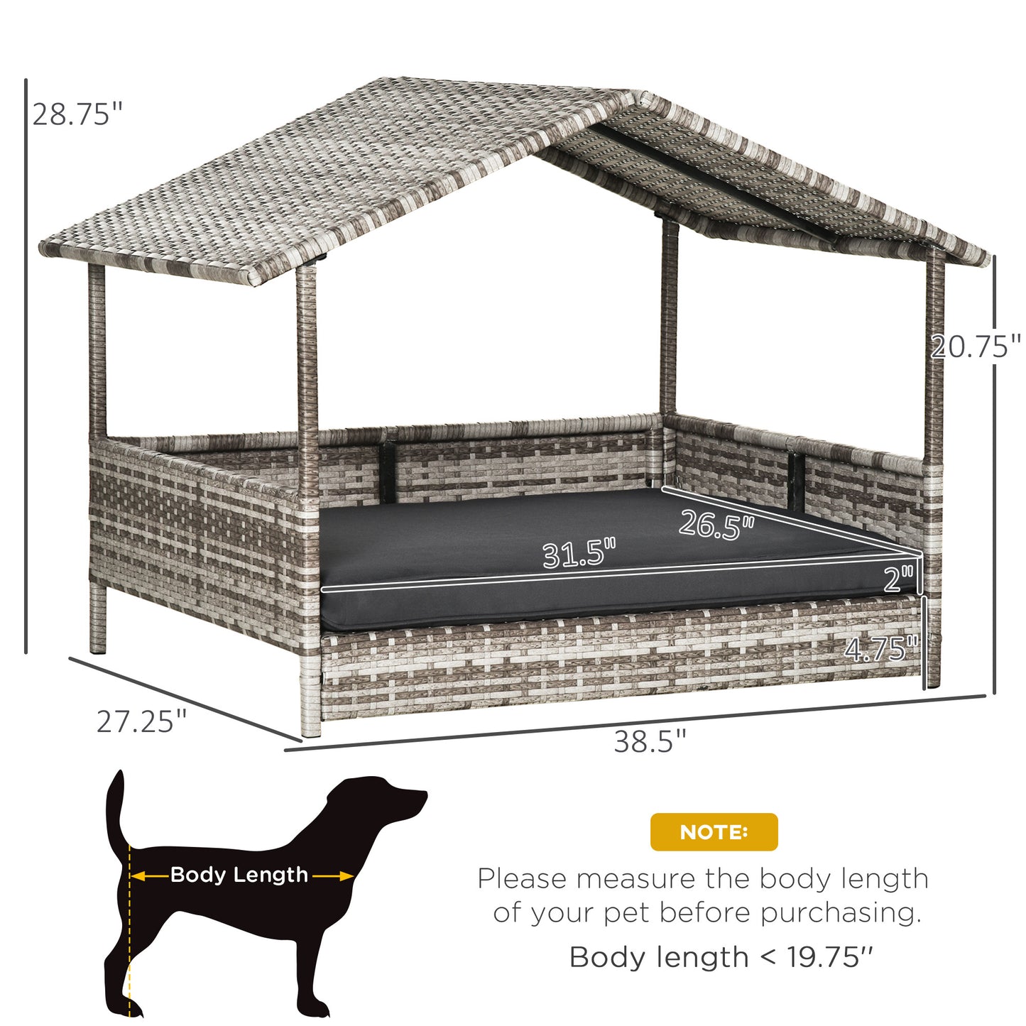 Wicker Dog House with Canopy, Stylish Rattan Bed & Water-Resistant Cushion