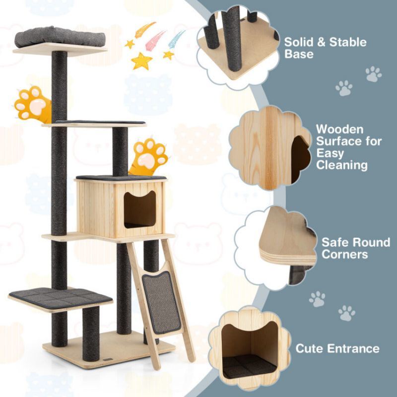 5-Tier Modern Wood Cat Tower with Washable Cushions