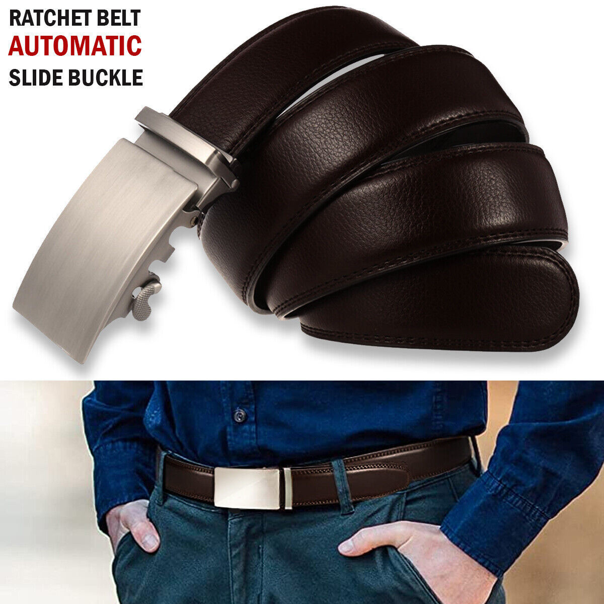 Microfiber Leather Mens Ratchet Belt, Adjustable Automatic Buckle, Dark Brown