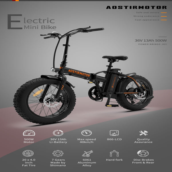Fat-Tire Folding Electric Bike, 500W Motor, 36V/13aH Battery