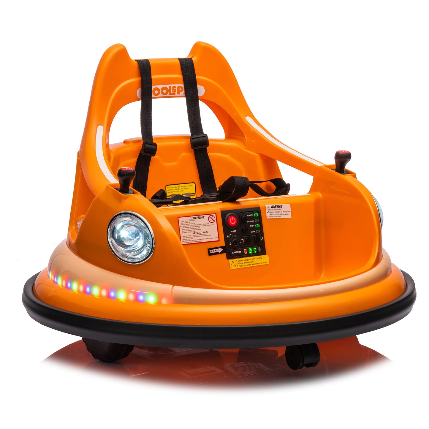 12V Ride-On Bumper Car for Kids - Remote Control, LED Lights & 360 Spin, Orange