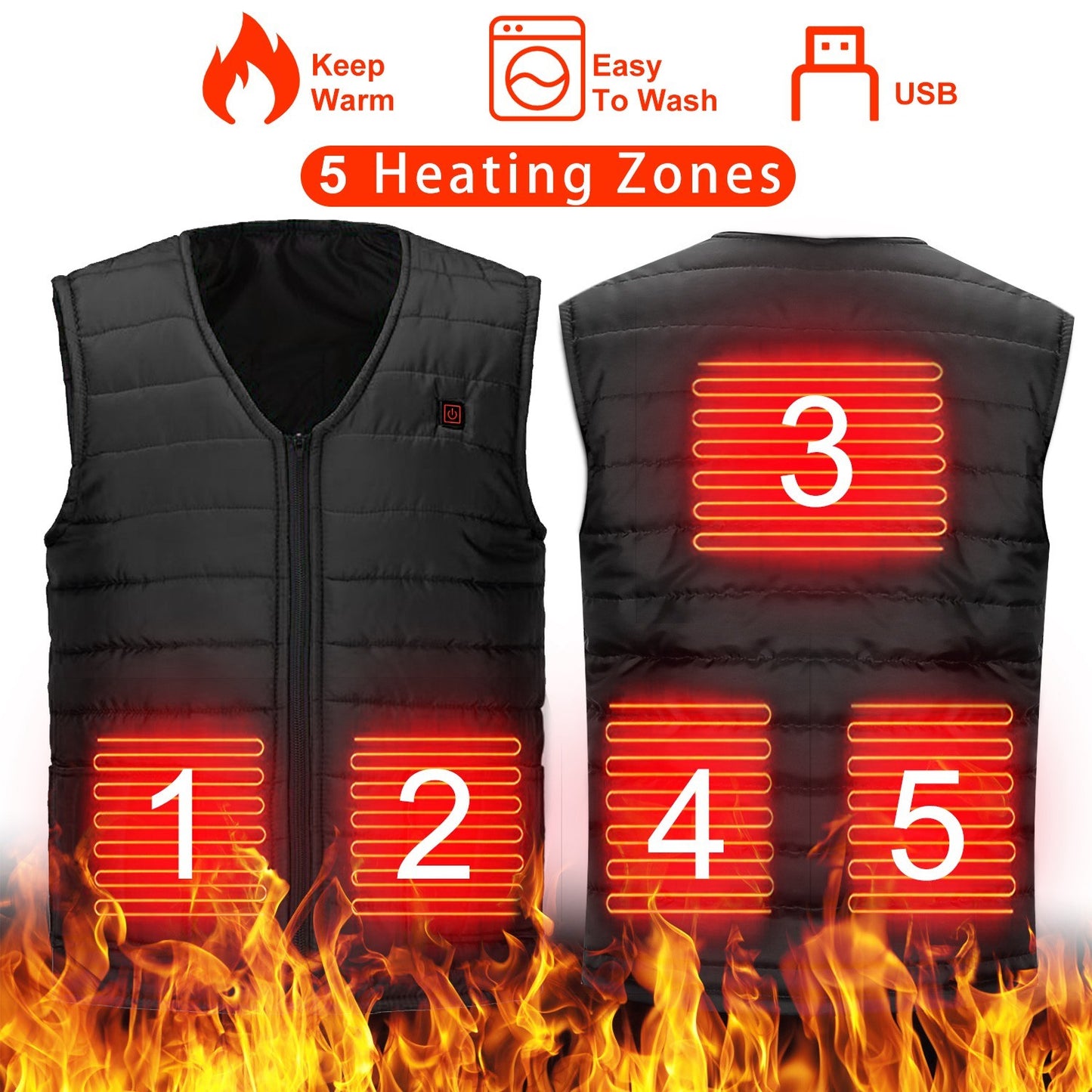 USB Heated Vest - 5 Heating Pads & Adjustable Temperature for Men and Women