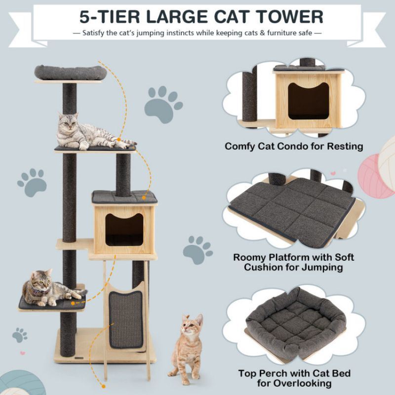 5-Tier Modern Wood Cat Tower with Washable Cushions