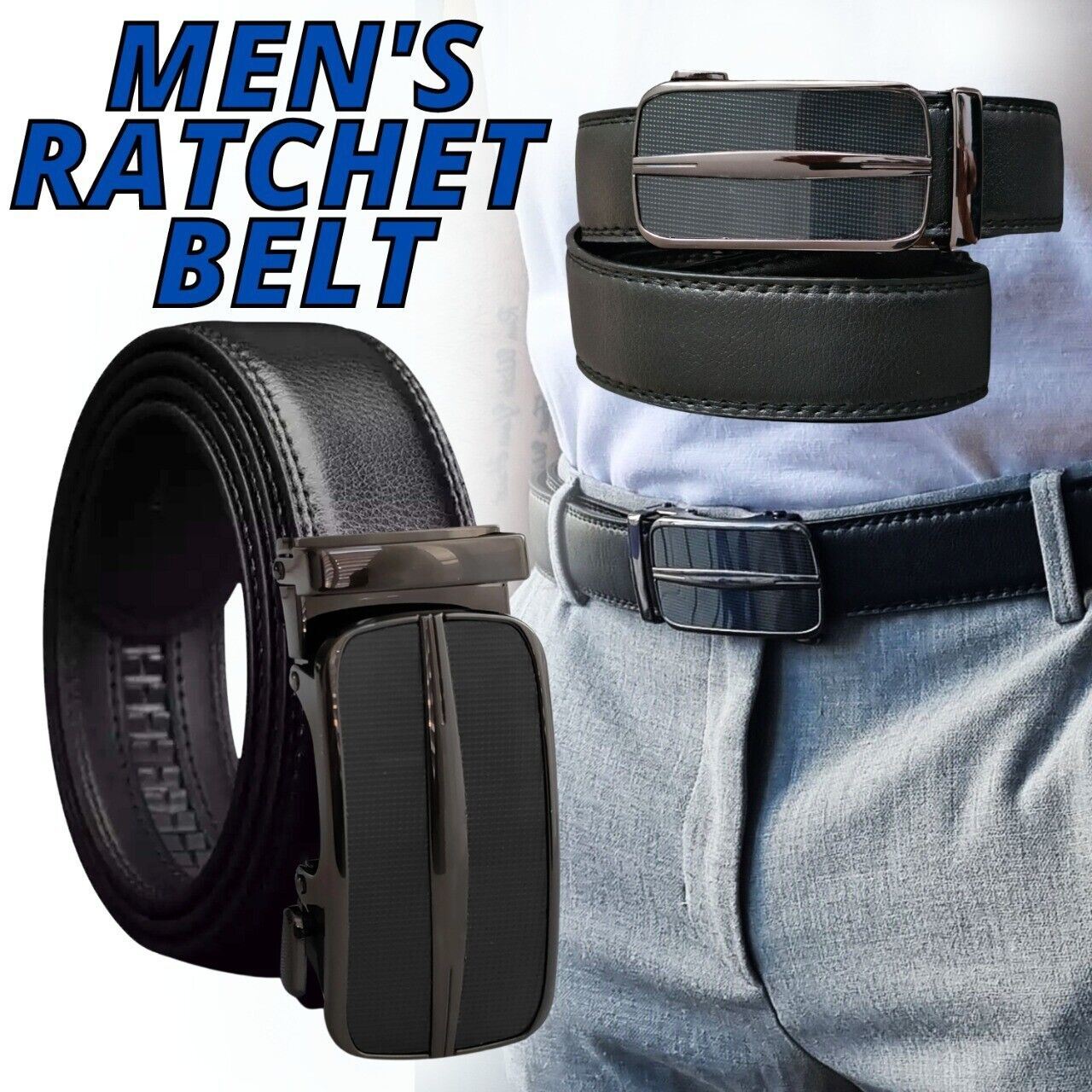 Microfiber Leather Mens Ratchet Belt, Adjustable Size, Slide Buckle