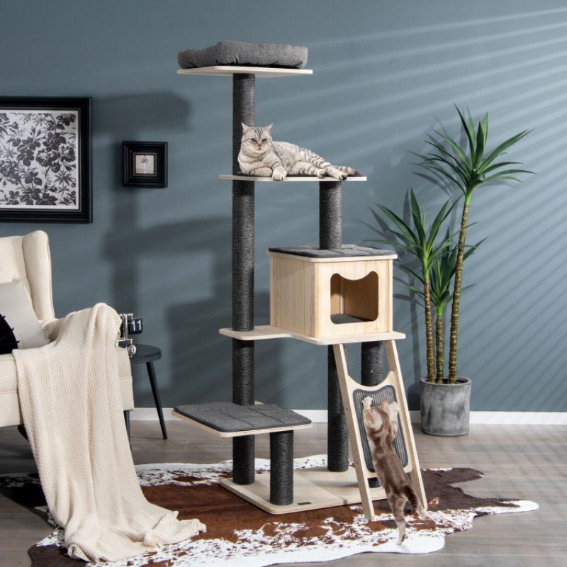 5-Tier Modern Wood Cat Tower with Washable Cushions
