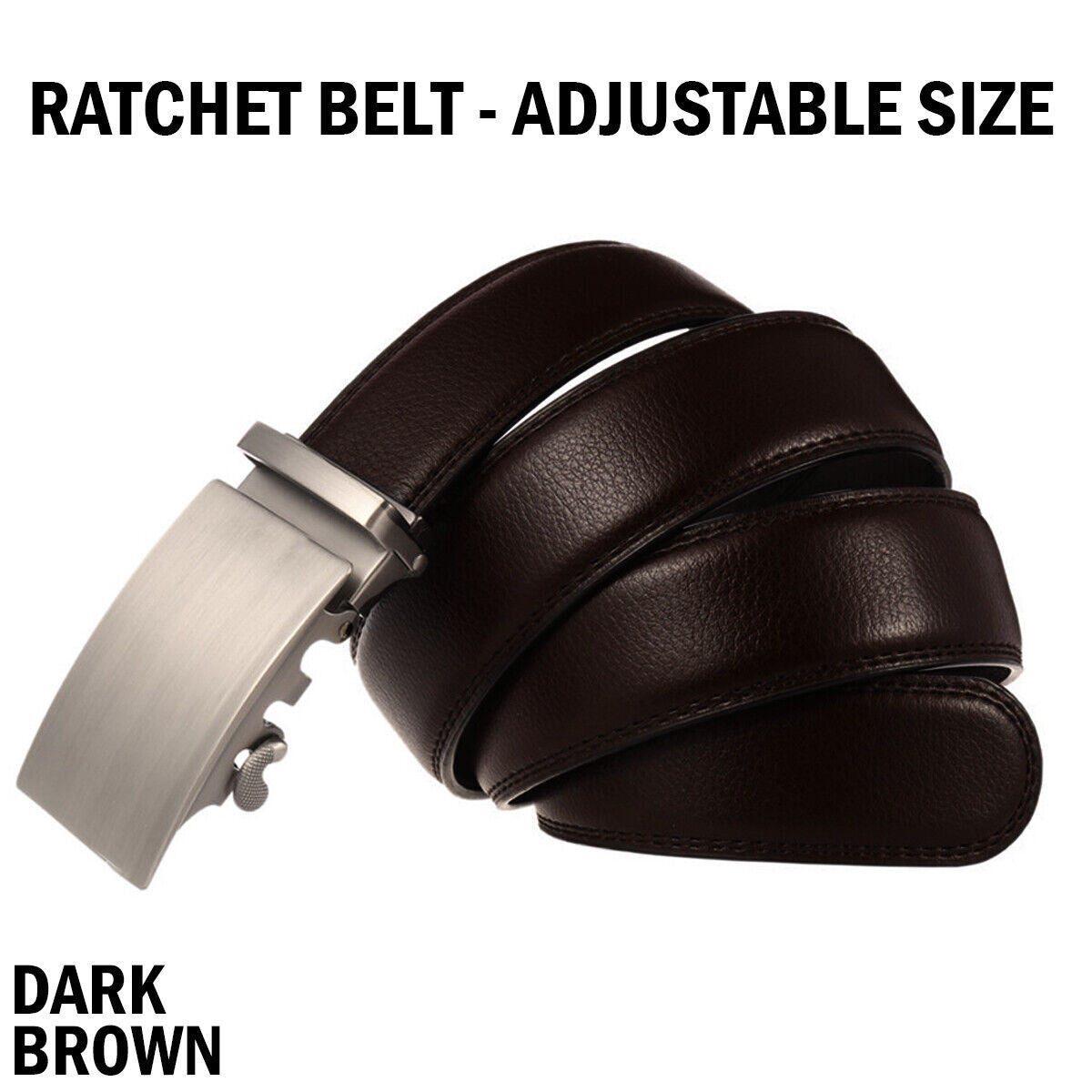 Microfiber Leather Mens Ratchet Belt, Adjustable Automatic Buckle, Dark Brown