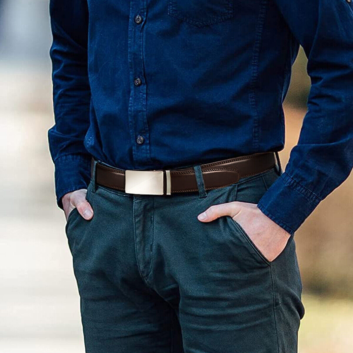 Microfiber Leather Mens Ratchet Belt, Adjustable Automatic Buckle, Dark Brown