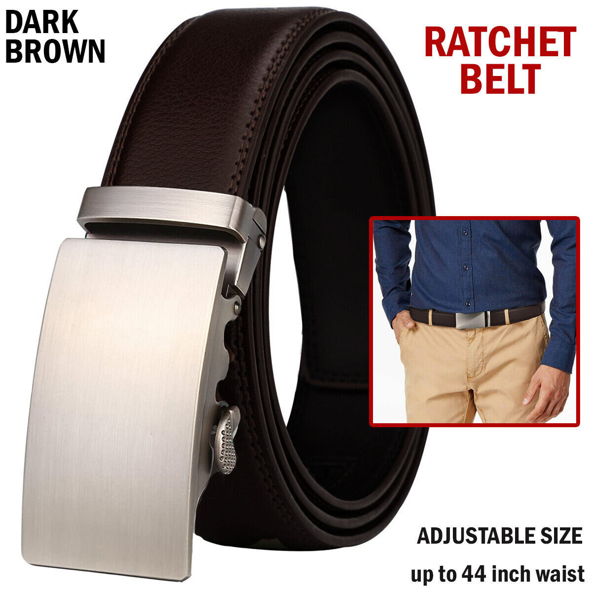 Microfiber Leather Mens Ratchet Belt, Adjustable Automatic Buckle, Dark Brown