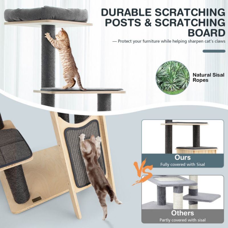5-Tier Modern Wood Cat Tower with Washable Cushions