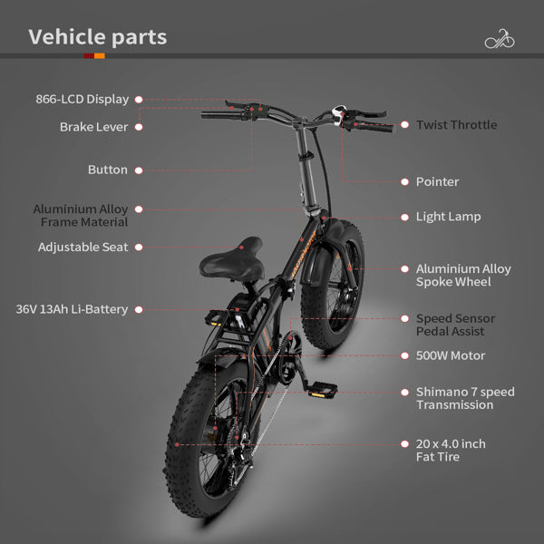 Fat-Tire Folding Electric Bike, 500W Motor, 36V/13aH Battery