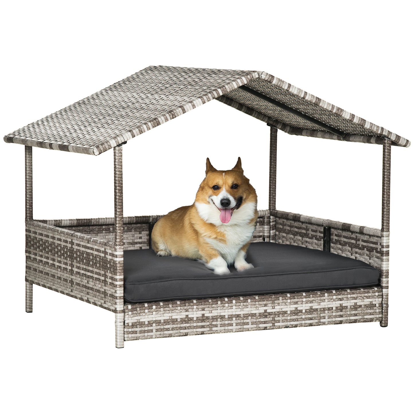 Wicker Dog House with Canopy, Stylish Rattan Bed & Water-Resistant Cushion