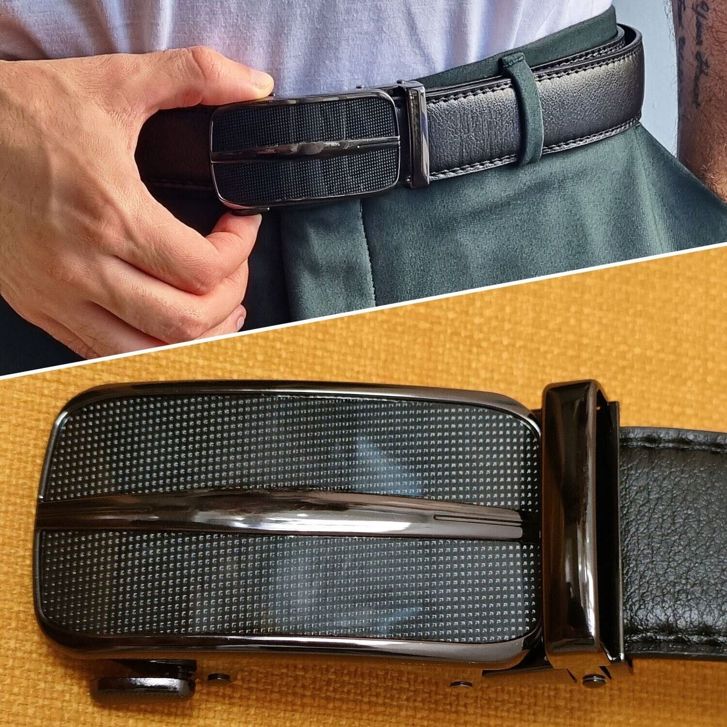 Microfiber Leather Mens Ratchet Belt, Adjustable Size, Slide Buckle