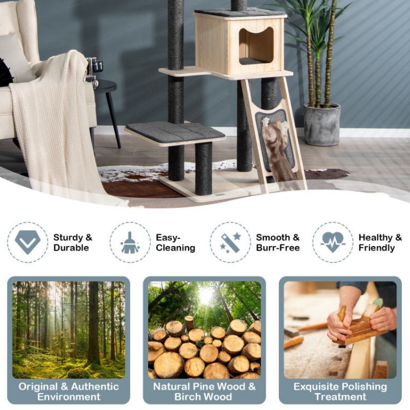 5-Tier Modern Wood Cat Tower with Washable Cushions