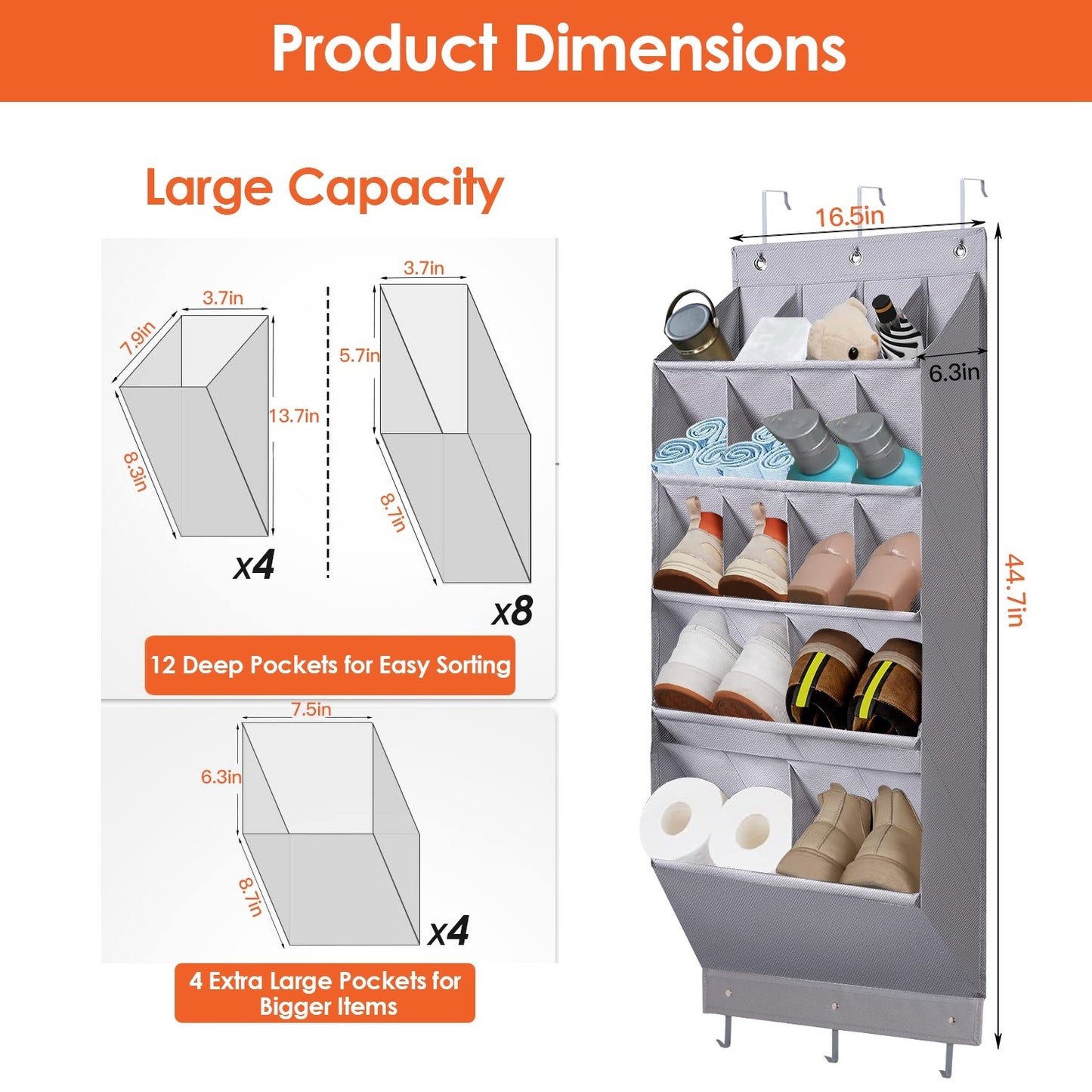 16-Pocket Over The Door Shoe Organizer, 5 Tier Storage Shelves