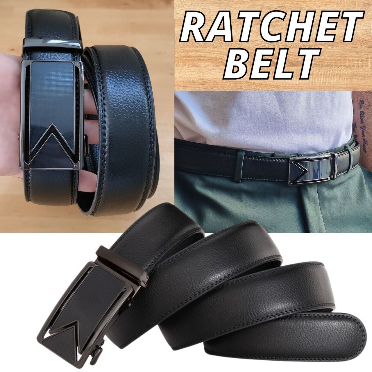 Microfiber Leather Mens Ratchet Belt, Adjustable Automatic Buckle