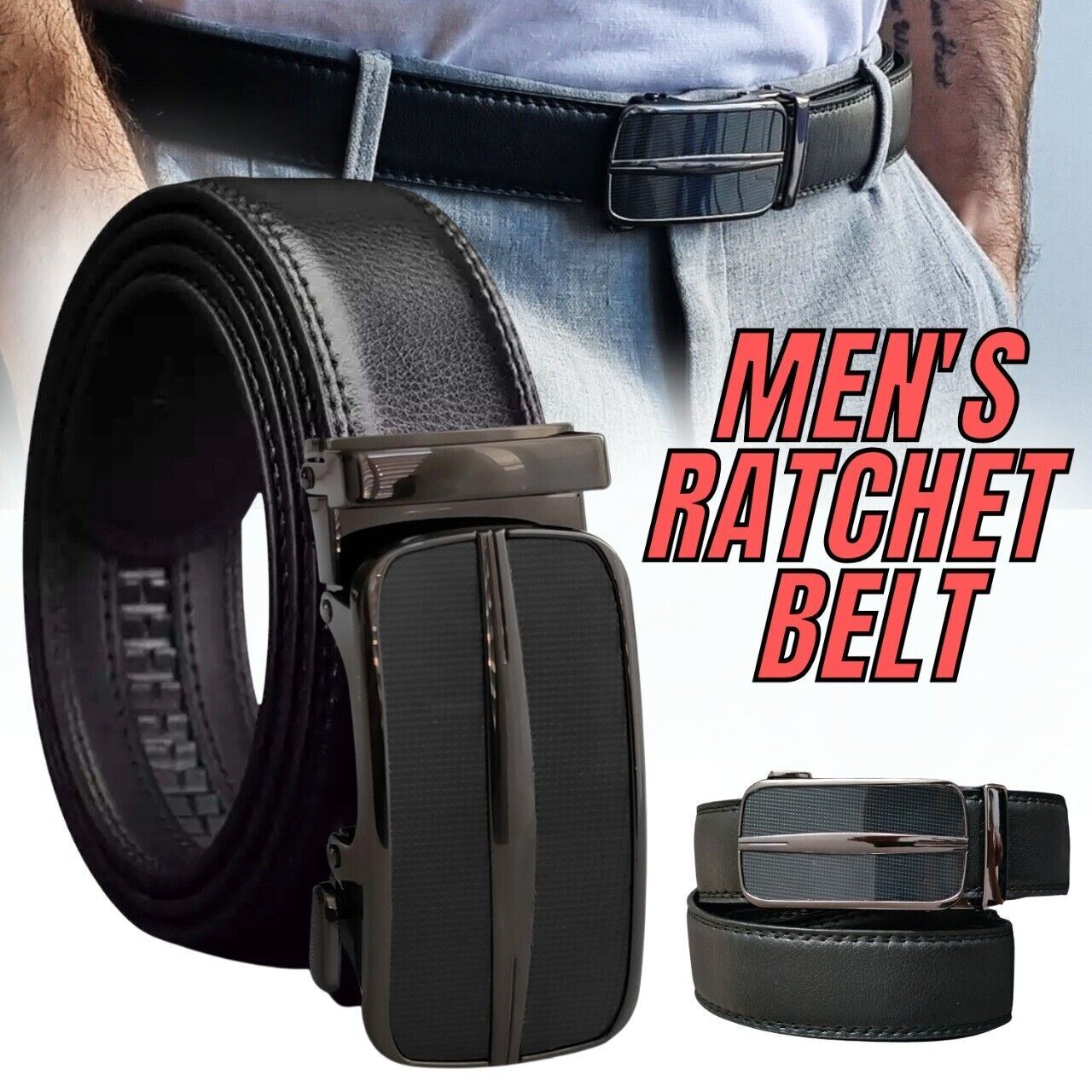 Microfiber Leather Mens Ratchet Belt, Adjustable Size, Slide Buckle