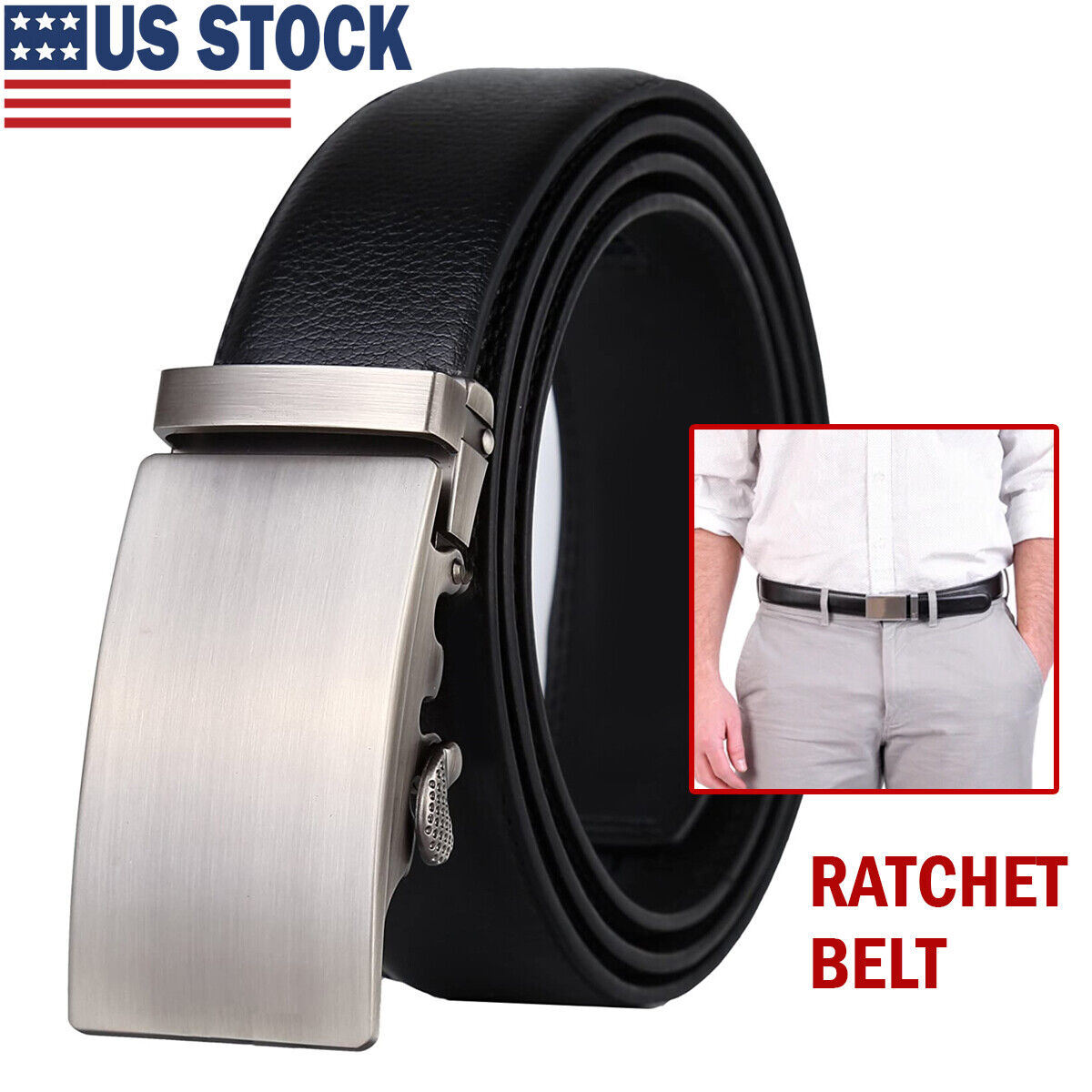Microfiber Leather Mens Ratchet Belt, Adjustable Automatic Buckle
