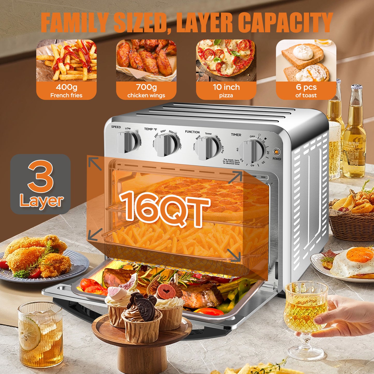 16QT Air Fryer Toaster Oven Combo, Stainless Steel