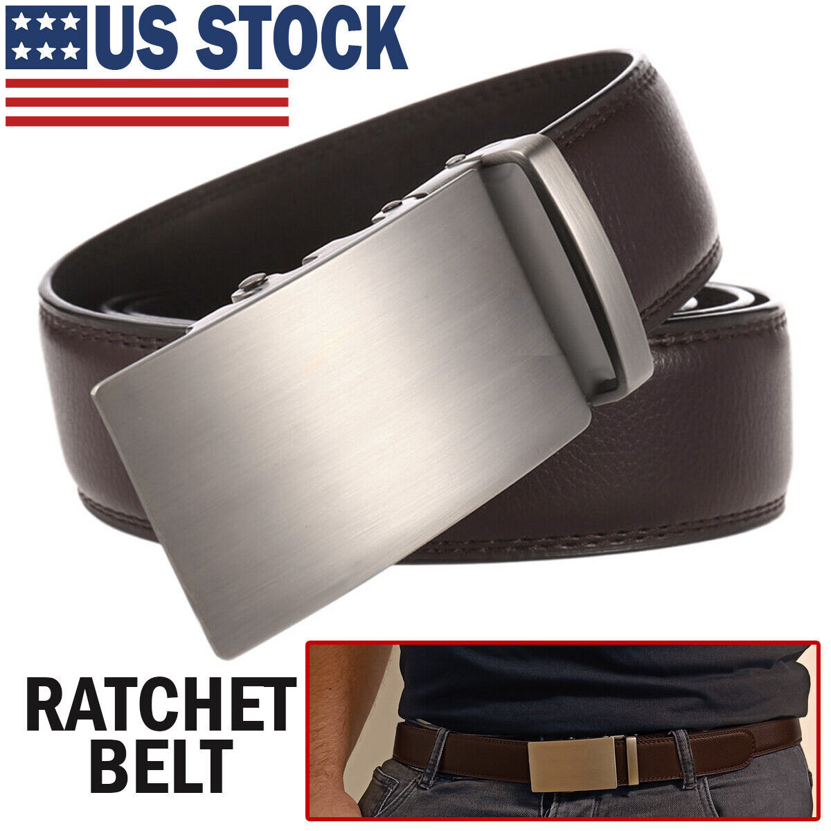 Microfiber Leather Mens Ratchet Belt, Adjustable Automatic Buckle, Dark Brown