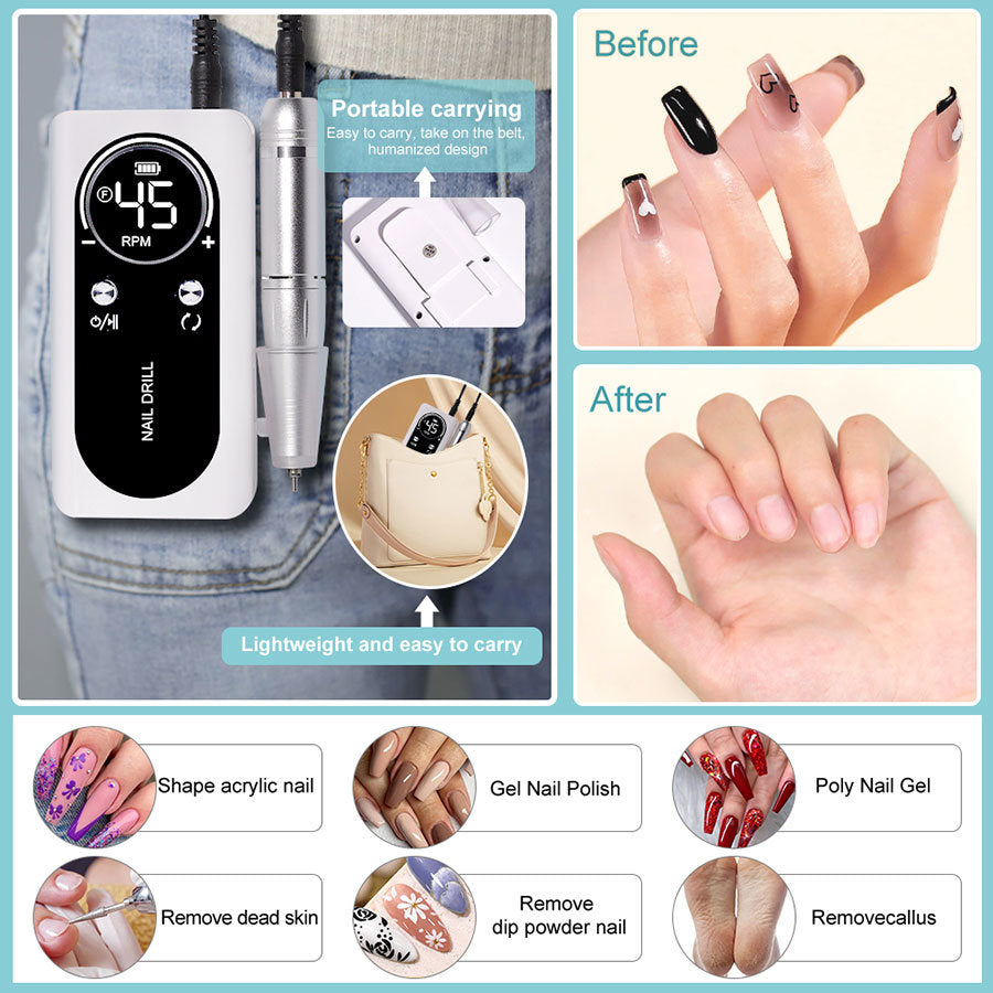 Portable Nail Drill Machine - 45000RPM Rechargeable E-File
