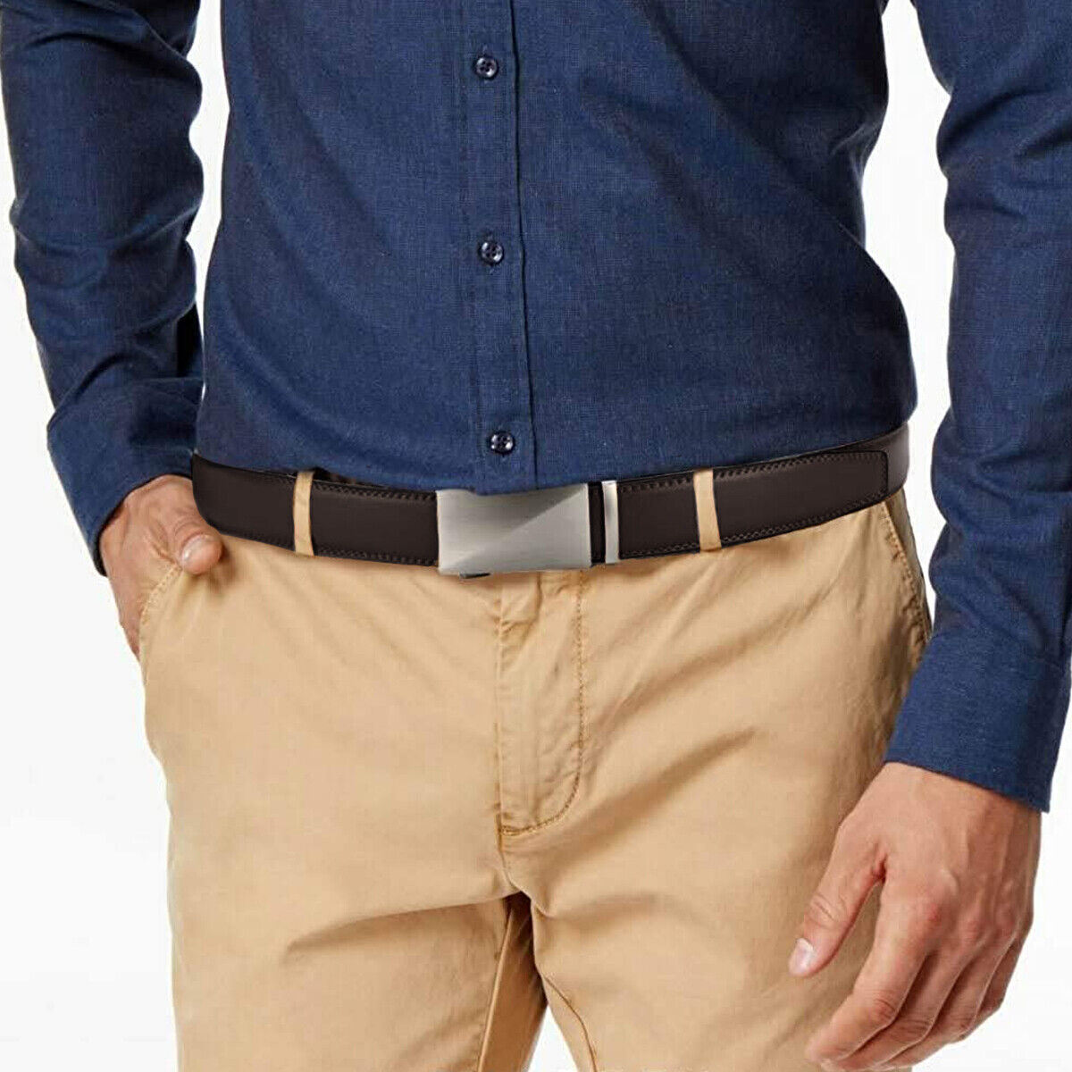 Microfiber Leather Mens Ratchet Belt, Adjustable Automatic Buckle, Dark Brown