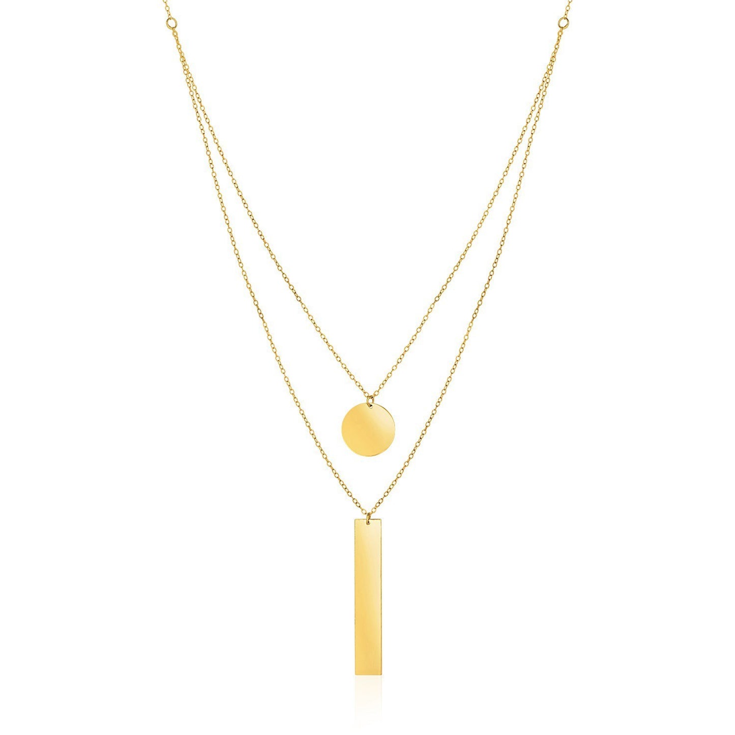 14k Yellow Gold 18 inch Two Strand Necklace with Circle and Bar Pendants