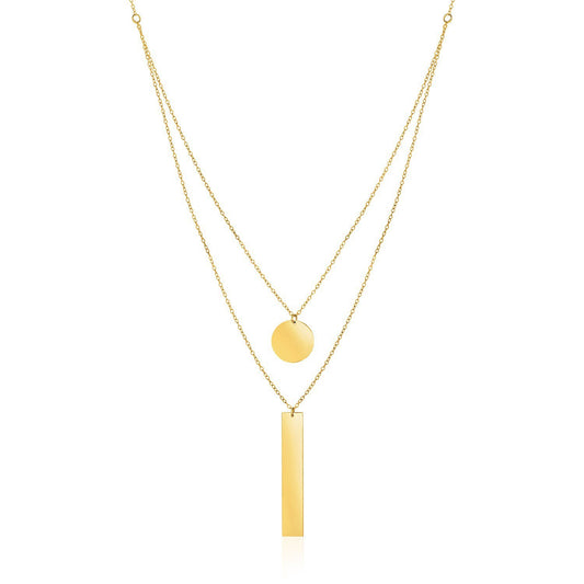 14k Yellow Gold 18 inch Two Strand Necklace with Circle and Bar Pendants