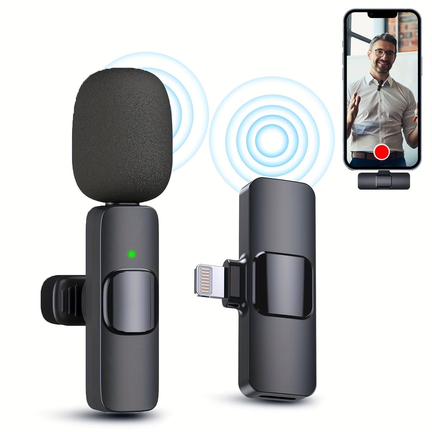 Omnidirectional Wireless Lavalier Microphone for iPhone/iPad, 65 Feet Range