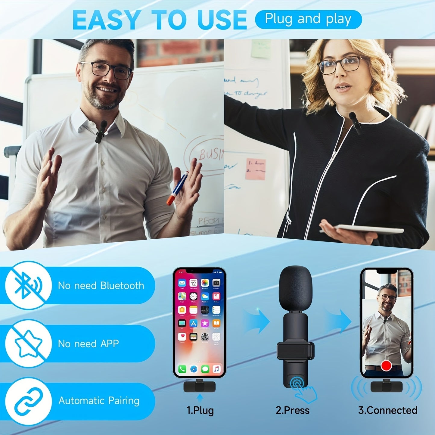 Omnidirectional Wireless Lavalier Microphone for iPhone/iPad, 65 Feet Range